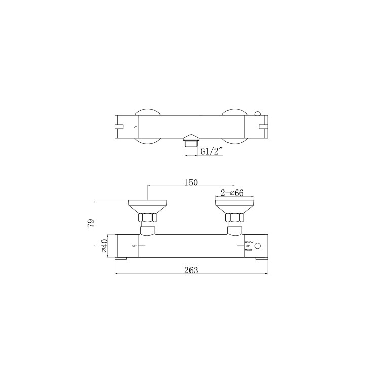 Flow thermostatic round bar shower valve - bottom outlet