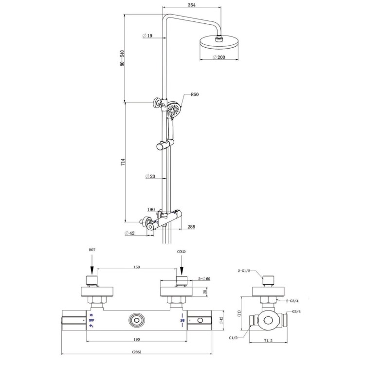 Thermostatic Mixer Bar Shower with Round Overhead & Handset - Koto