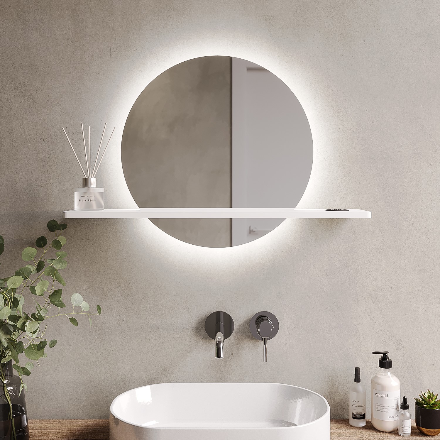 Round LED Bathroom Mirror with Demister and White Shelf - 500mm - Ersa