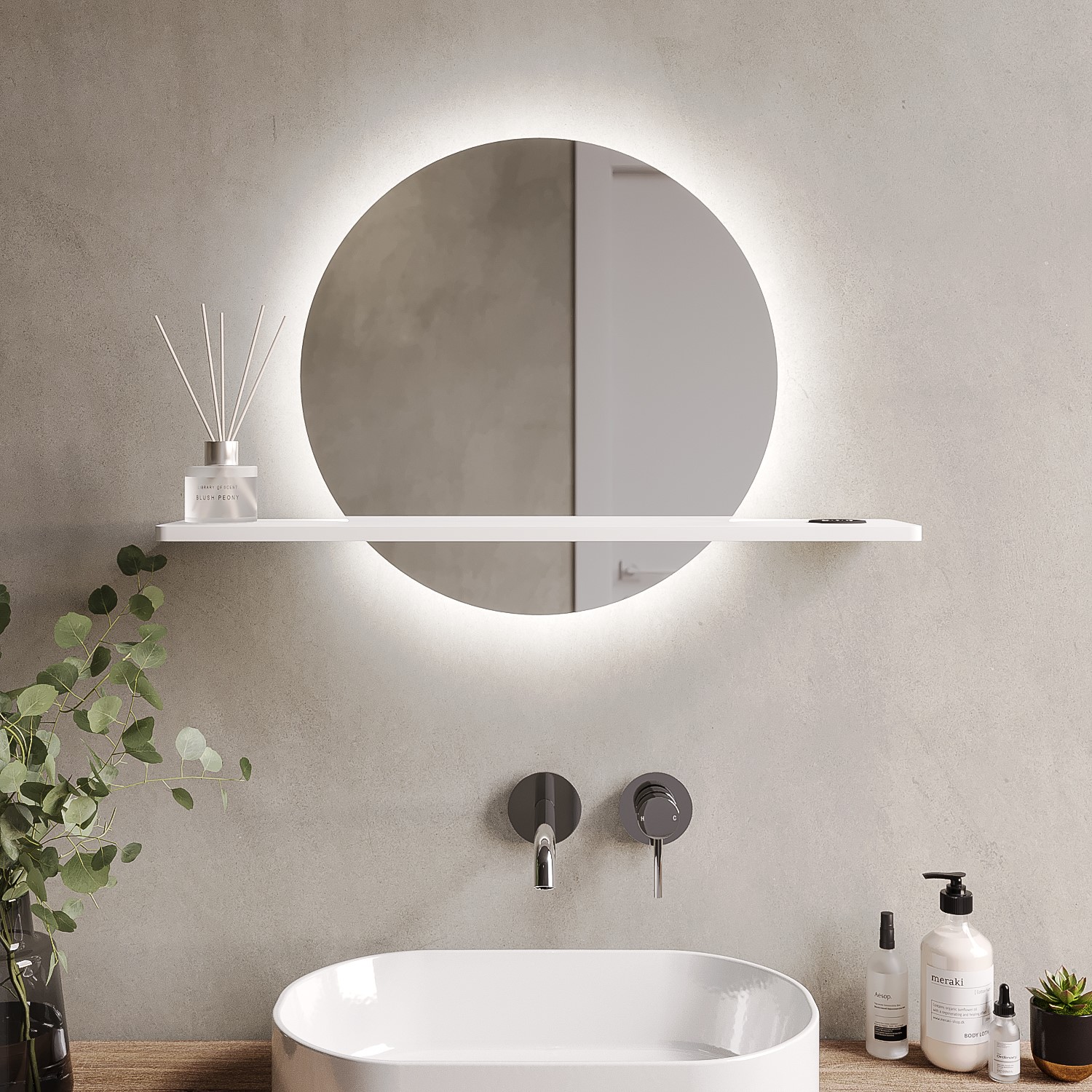 Round LED Bathroom Mirror with Demister and White Shelf - 500mm - Ersa