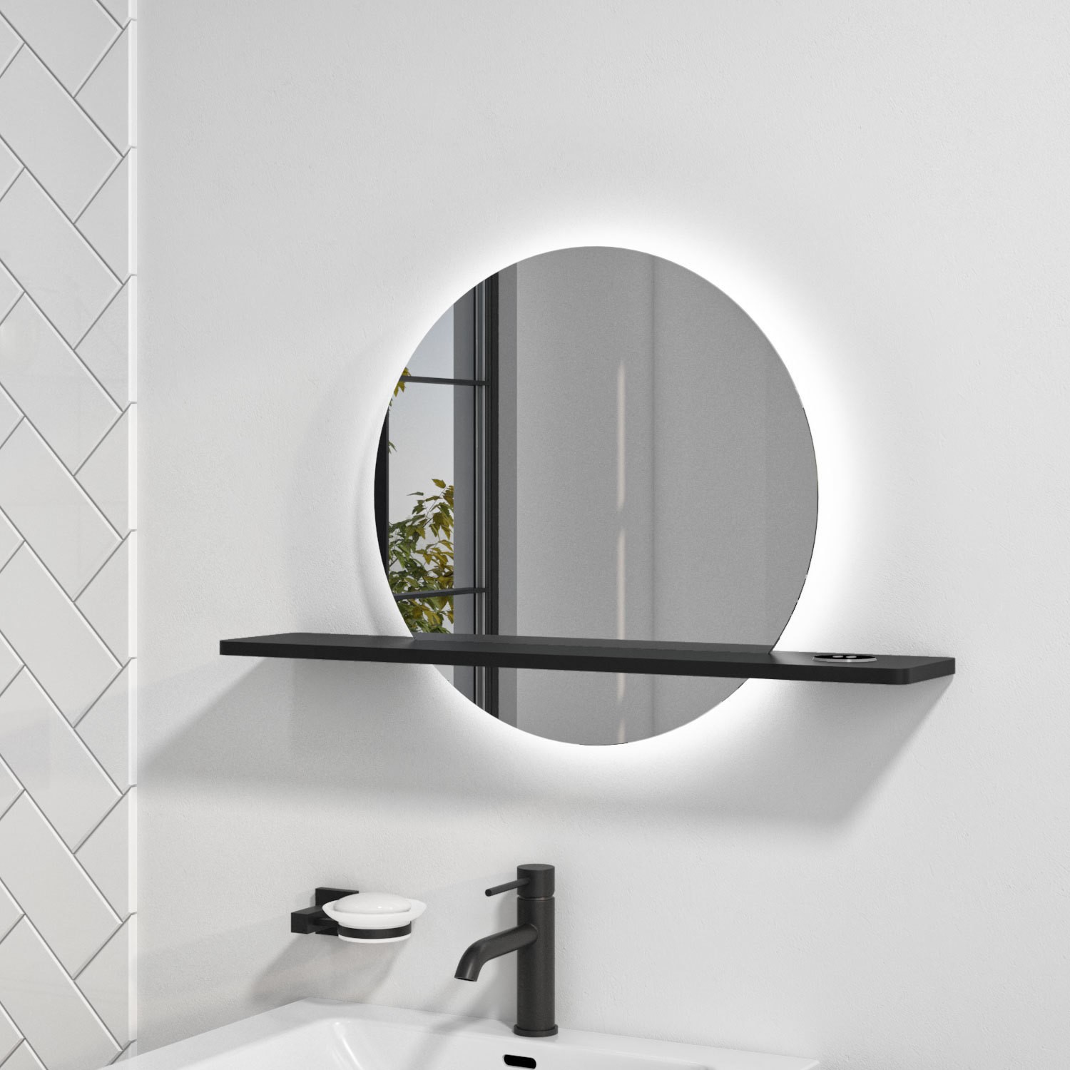 Round LED Bathroom Mirror with Demister and Black Shelf - 500mm - Ersa