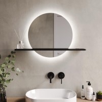 Round Backlit Heated Bathroom Mirror with Lights & Black Shelf 500mm - Ersa Round Backlit Heated Bathroom Mirror with Lights & Black Shelf 500mm - Ersa