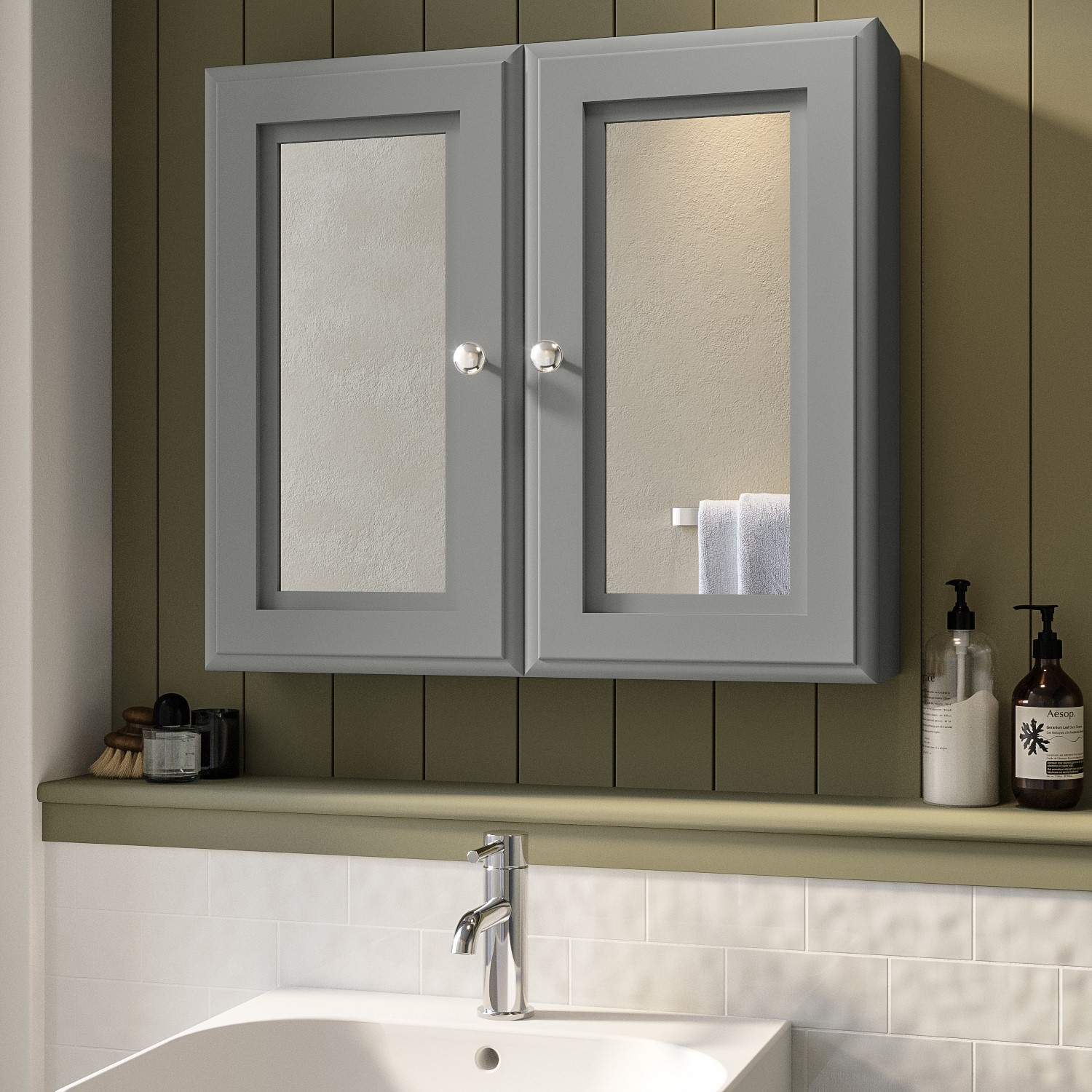 Grey Mirrored Bathroom Cabinet 667 x 600mm - Westbury