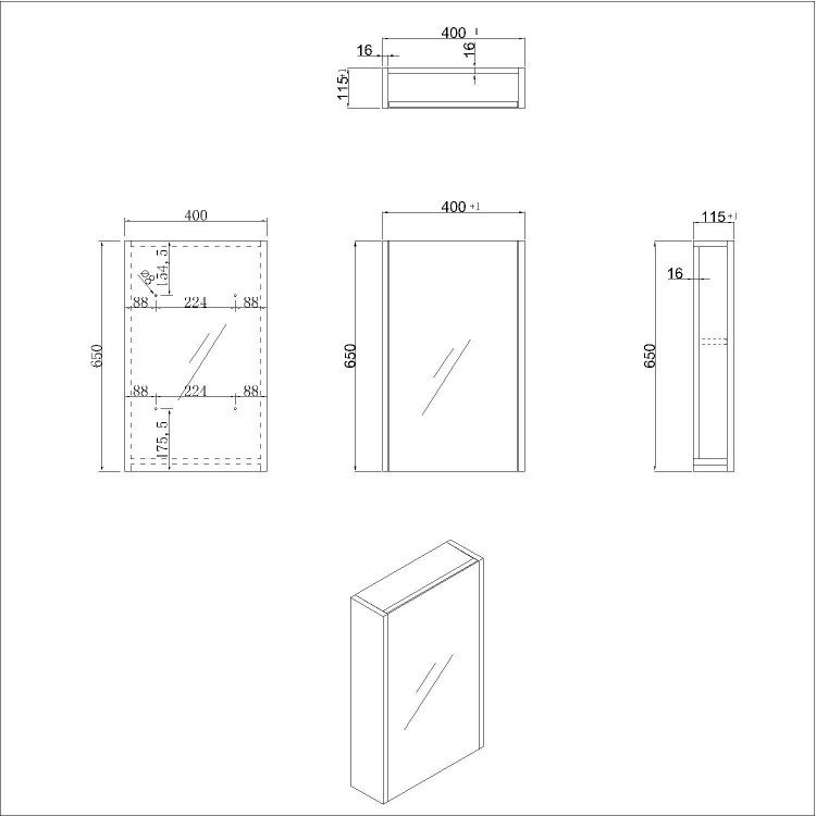 Blue Mirrored Wall Bathroom Cabinet 400 x 650mm - Ashford