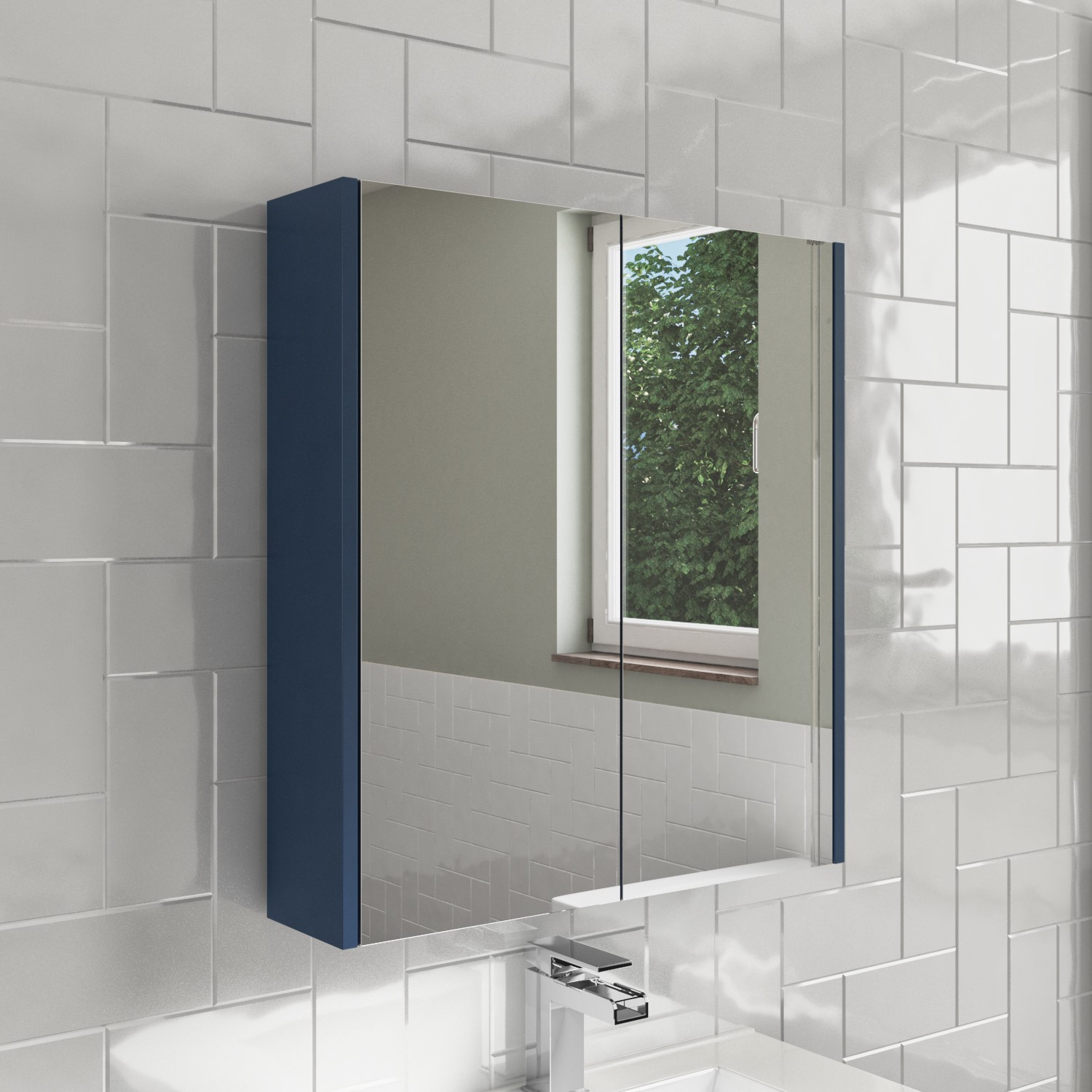 Blue Mirrored Wall Bathroom Cabinet 600 x 650mm - Ashford