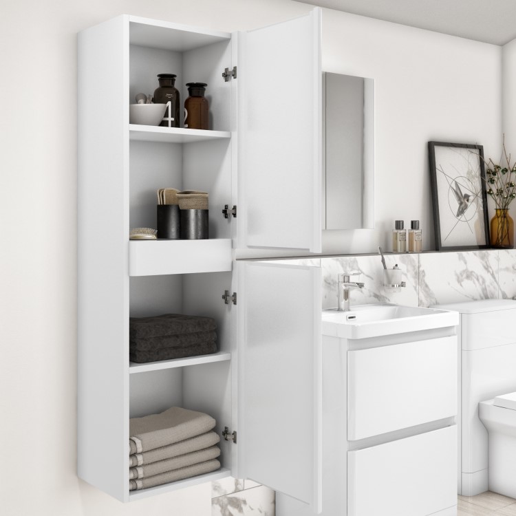 ONLY OPENED - White Wall Hung Tall Bathroom Cabinet 400mm - Pendle