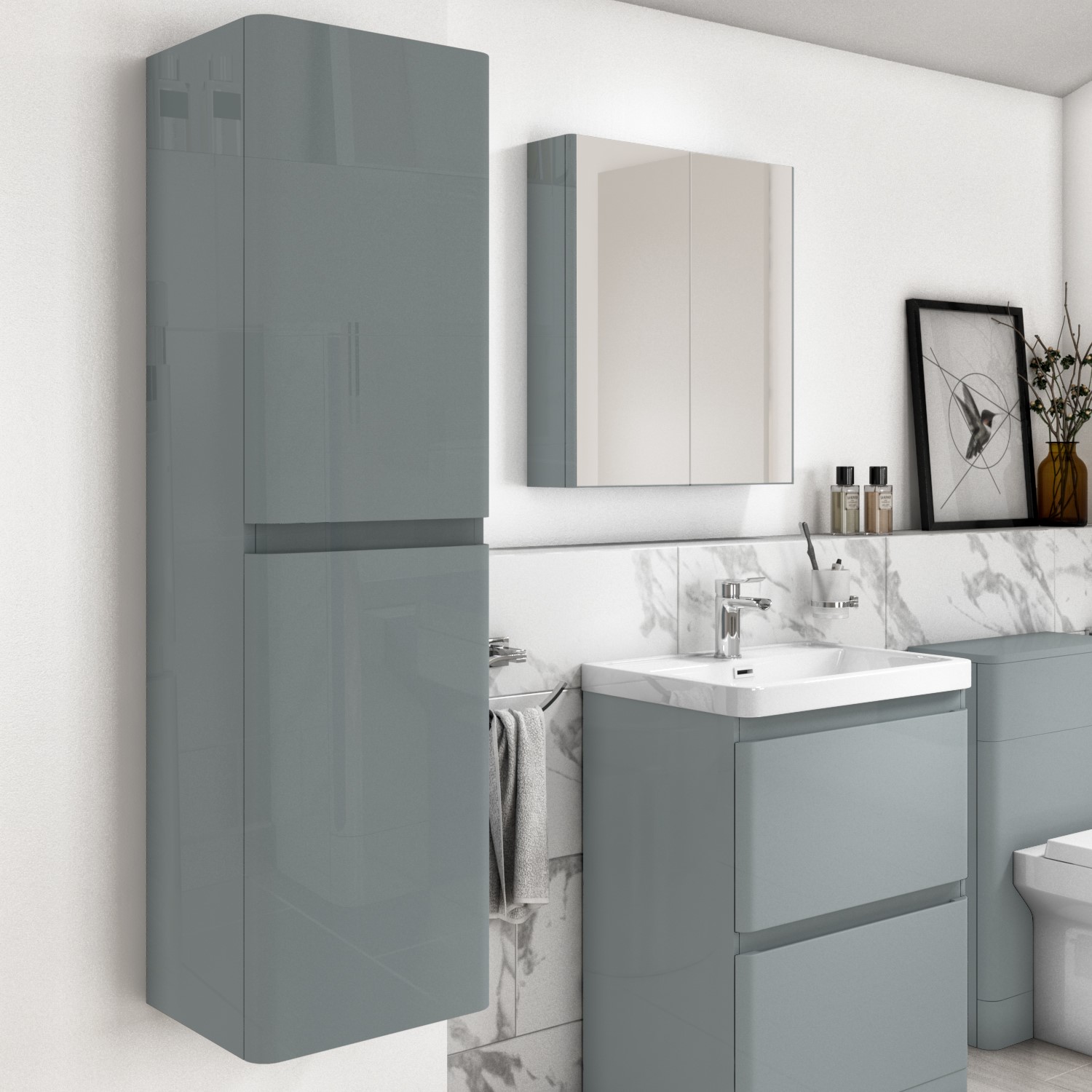 Grey Wall Hung Tall Bathroom Cabinet 400mm - Pendle