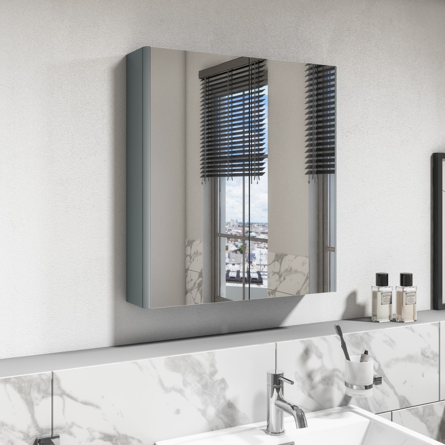 Light Grey Mirrored Wall Bathroom Cabinet 600 x 650mm - Pendle