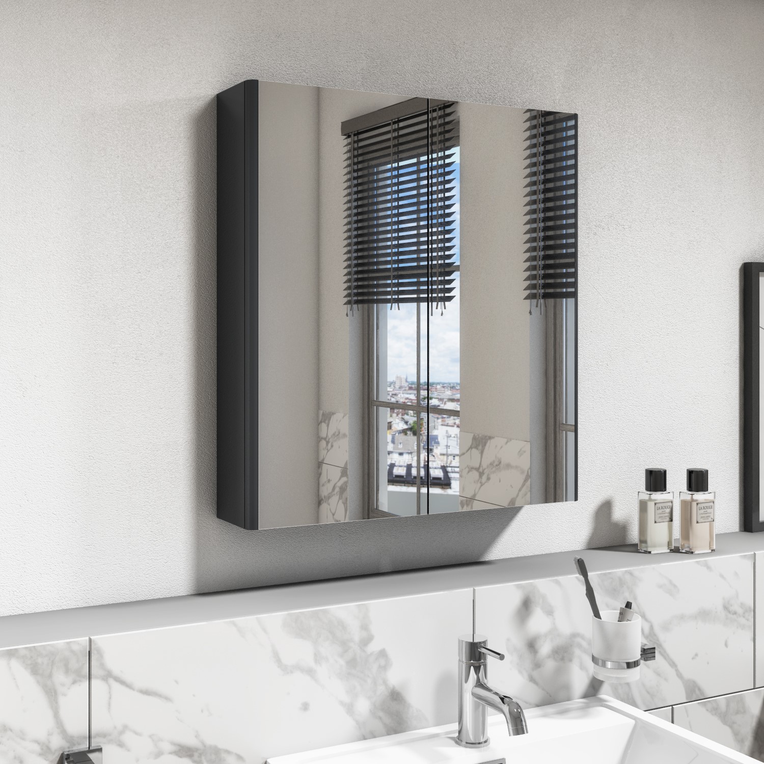 Dark Grey Mirrored Wall Bathroom Cabinet 600 x 650mm - Pendle