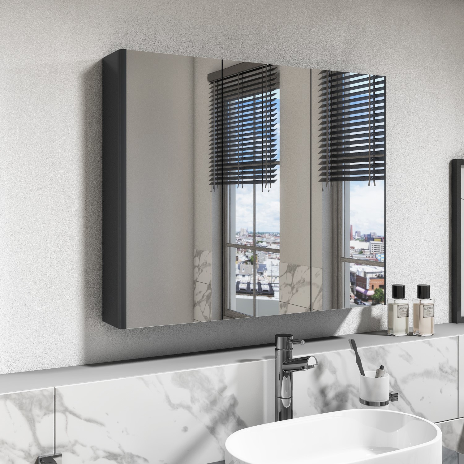 Dark Grey Mirrored Wall Bathroom Cabinet 600 x 650mm - Pendle