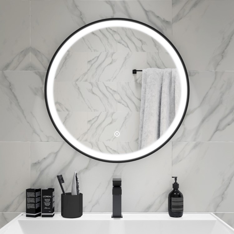ONLY OPENED - Round Black LED Bathroom Mirror with Demister 600mm -Antares 