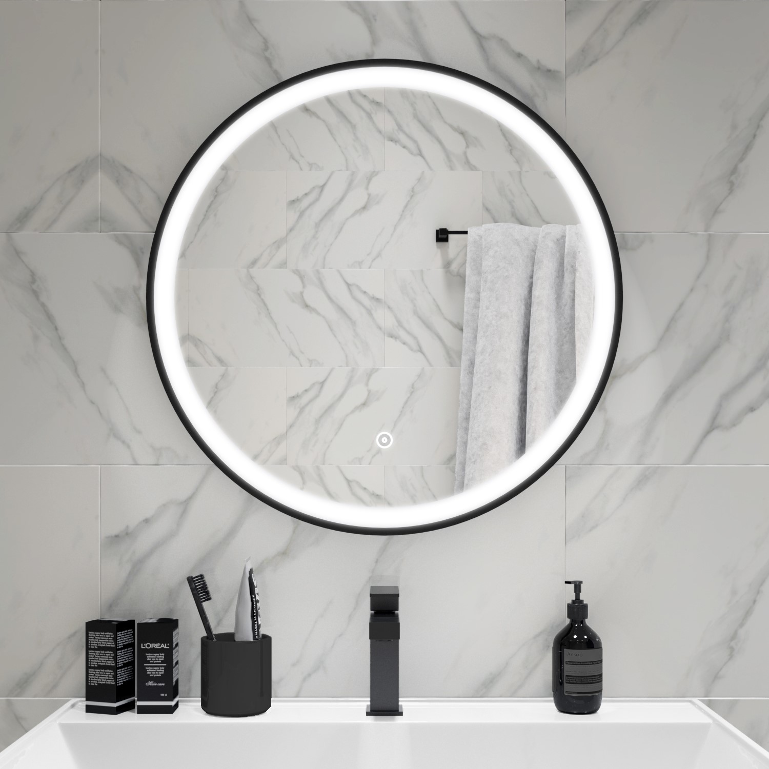 Round Black LED Bathroom Mirror with Demister 600mm -Antares