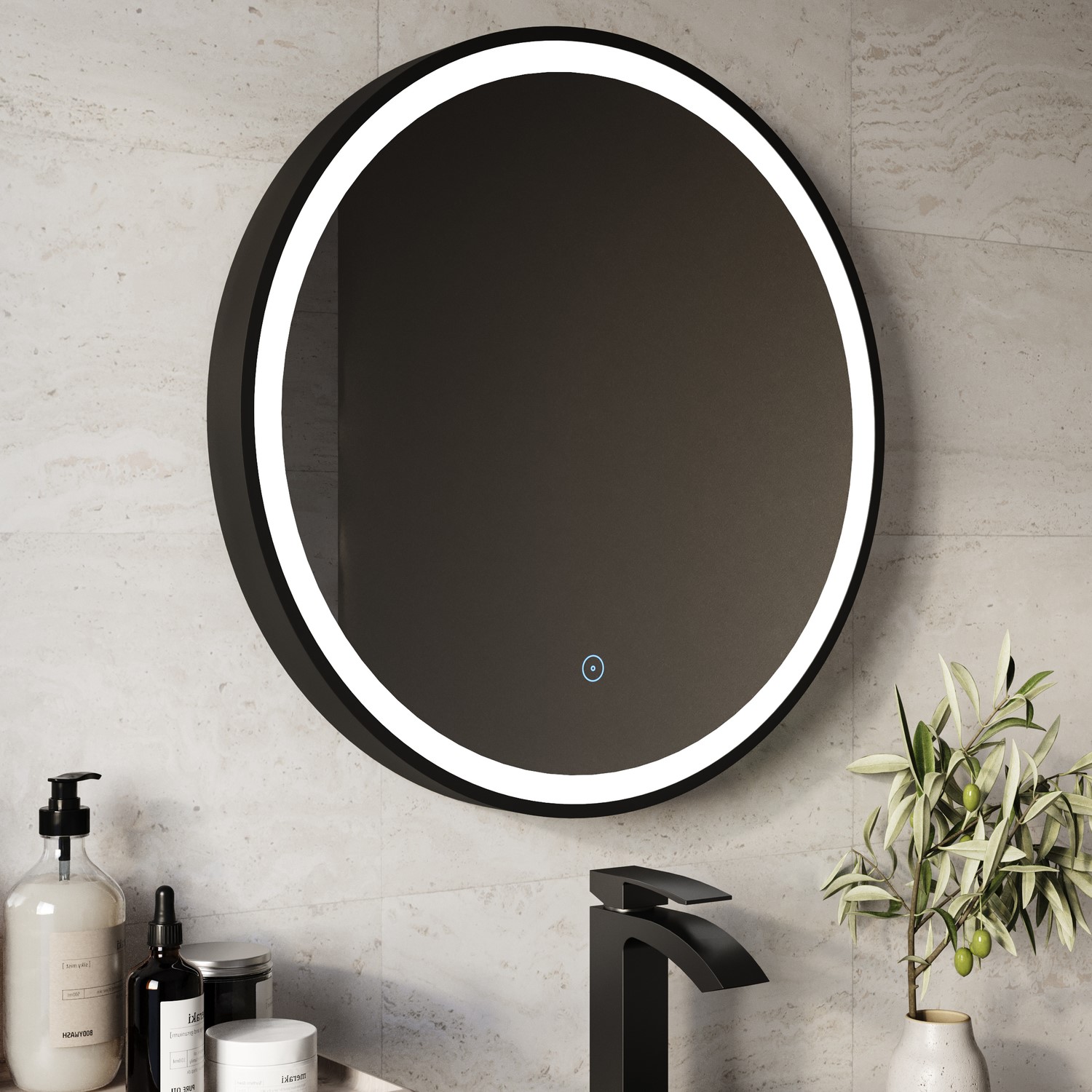 Round Black LED Bathroom Mirror with Demister 600mm -Antares