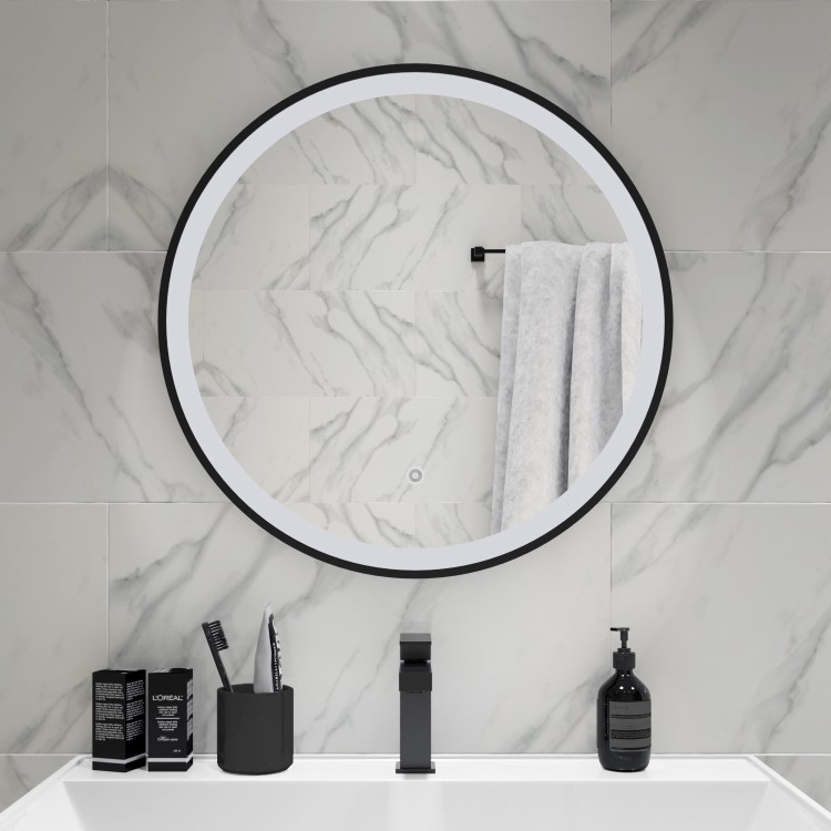 ONLY OPENED - Round Black LED Bathroom Mirror with Demister 600mm -Antares 