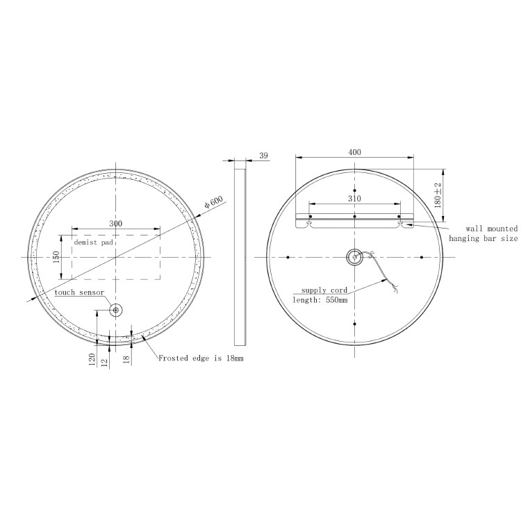 Round Black Heated Bathroom Mirror with Lights 600mm - Antares