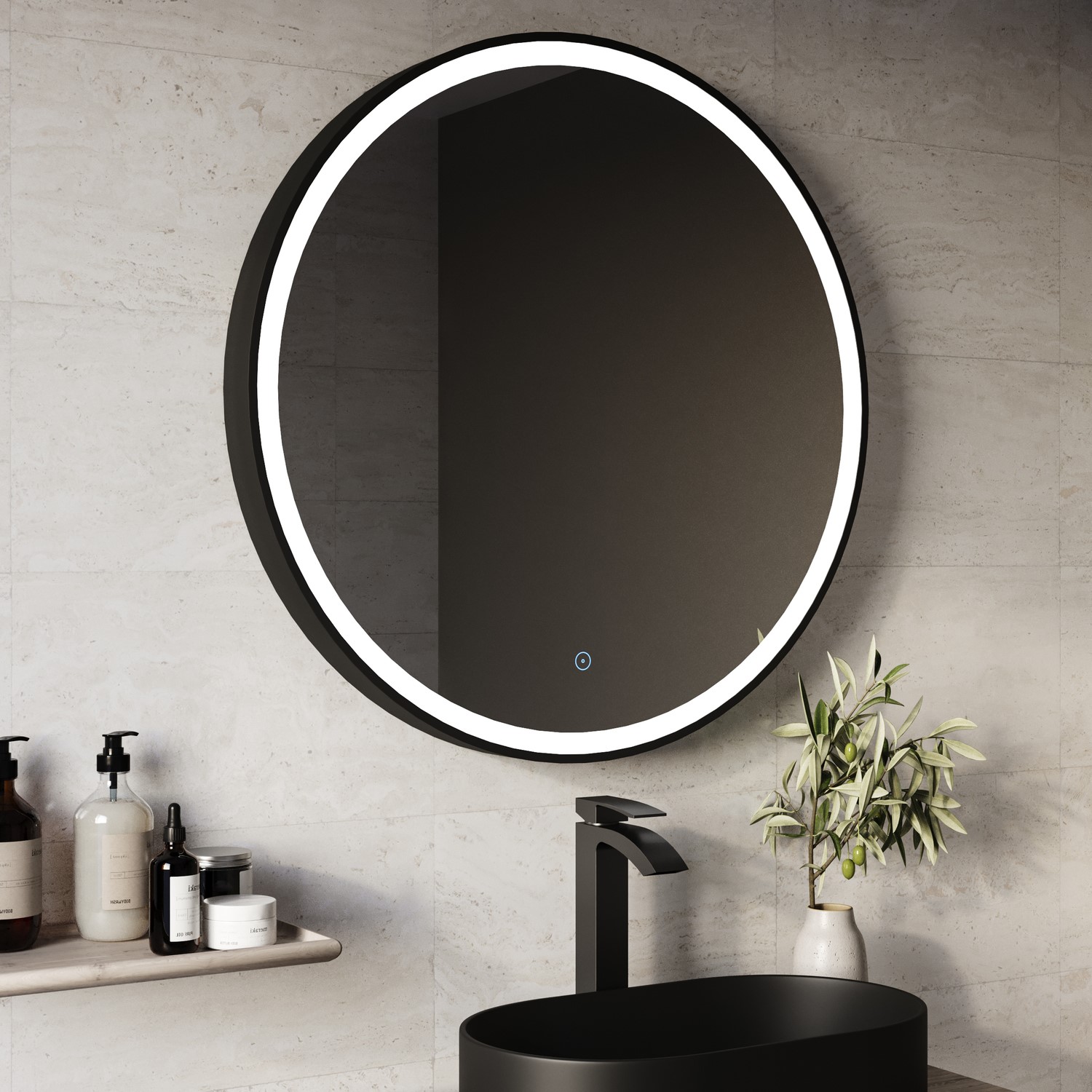 Round Black LED Bathroom Mirror with Demister 800mm -Antares