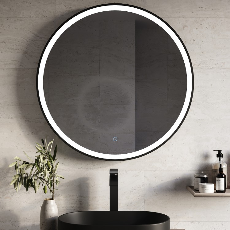 Round Black Heated Bathroom Mirror with Lights 800mm - Antares