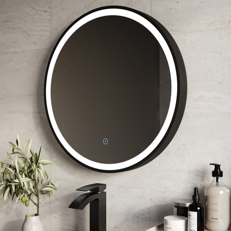 Round Black Heated Bathroom Mirror with Lights 800mm - Antares