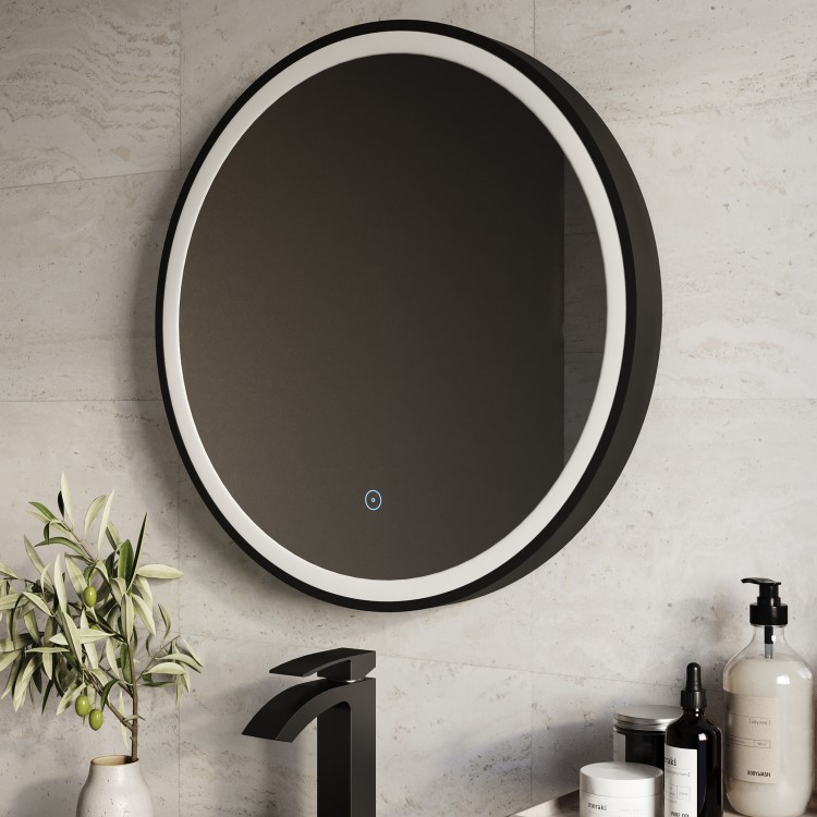 Round Black Heated Bathroom Mirror with Lights 800mm - Antares