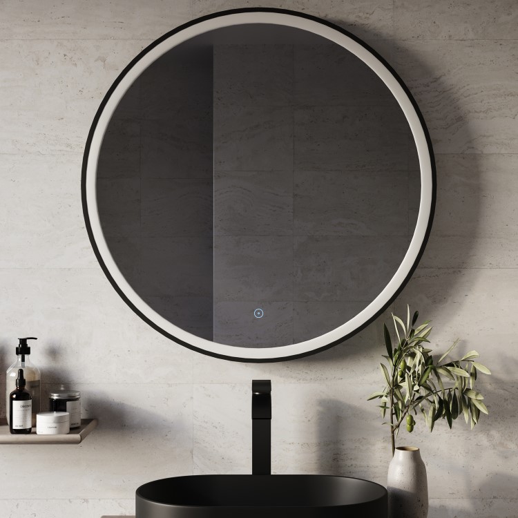 Round Black Heated Bathroom Mirror with Lights 800mm - Antares