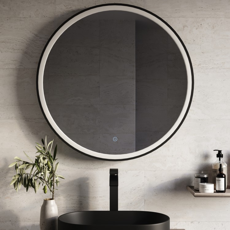 Round Black Heated Bathroom Mirror with Lights 800mm - Antares
