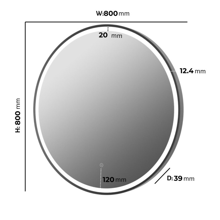 Round Black Heated Bathroom Mirror with Lights 800mm - Antares