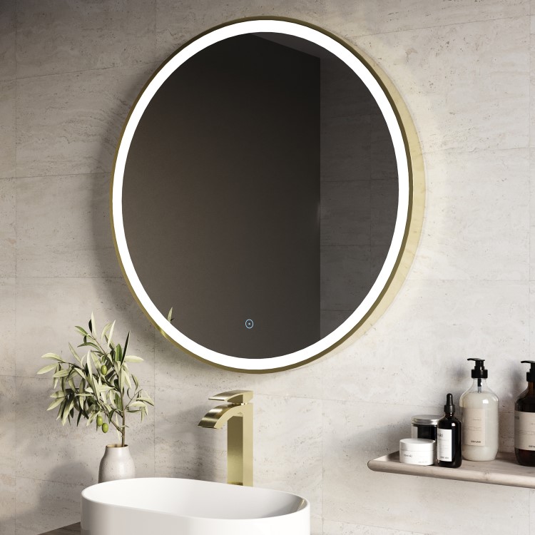 Round Brass Heated Bathroom Mirror with Lights 600mm -Antares