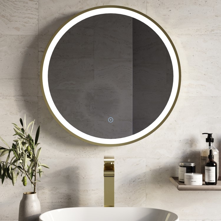 Round Brass Heated Bathroom Mirror with Lights 600mm -Antares