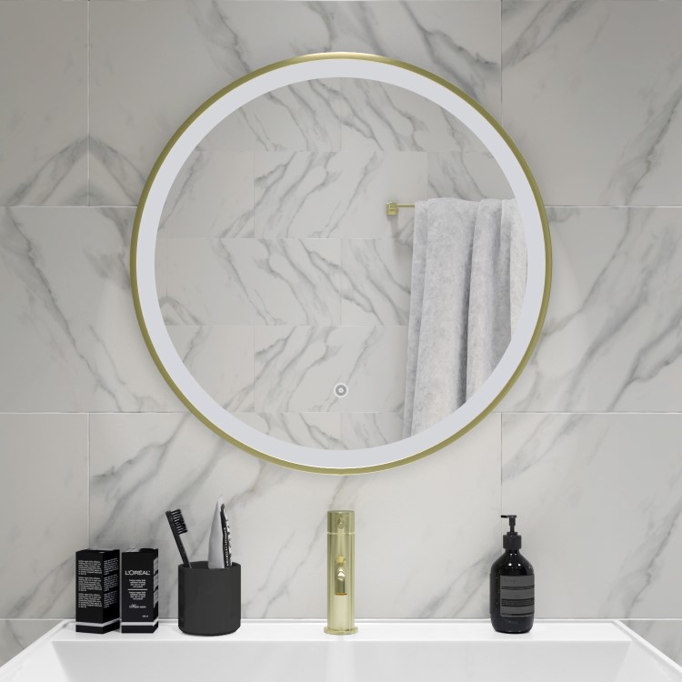 ONLY OPENED - Round Brass LED Bathroom Mirror with Demister 600mm -Antares 