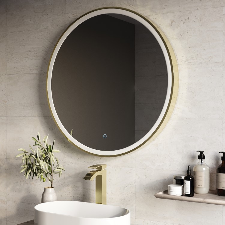 Round Brass Heated Bathroom Mirror with Lights 600mm -Antares