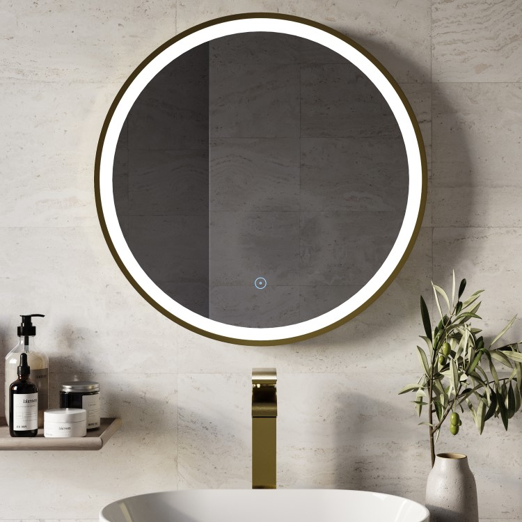 Round Brass Heated Bathroom Mirror with Lights 600mm -Antares