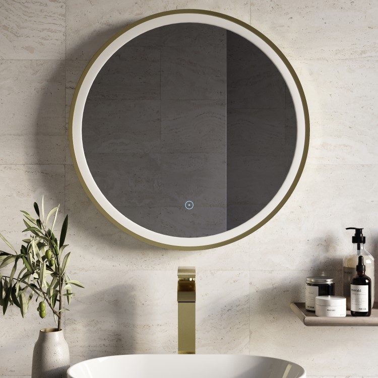 Round Brass Heated Bathroom Mirror with Lights 600mm -Antares