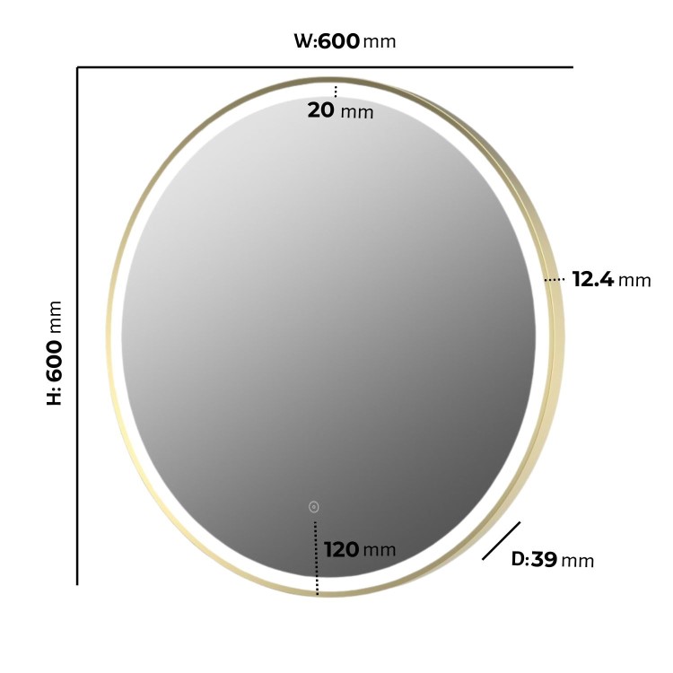 Round Brass Heated Bathroom Mirror with Lights 600mm -Antares