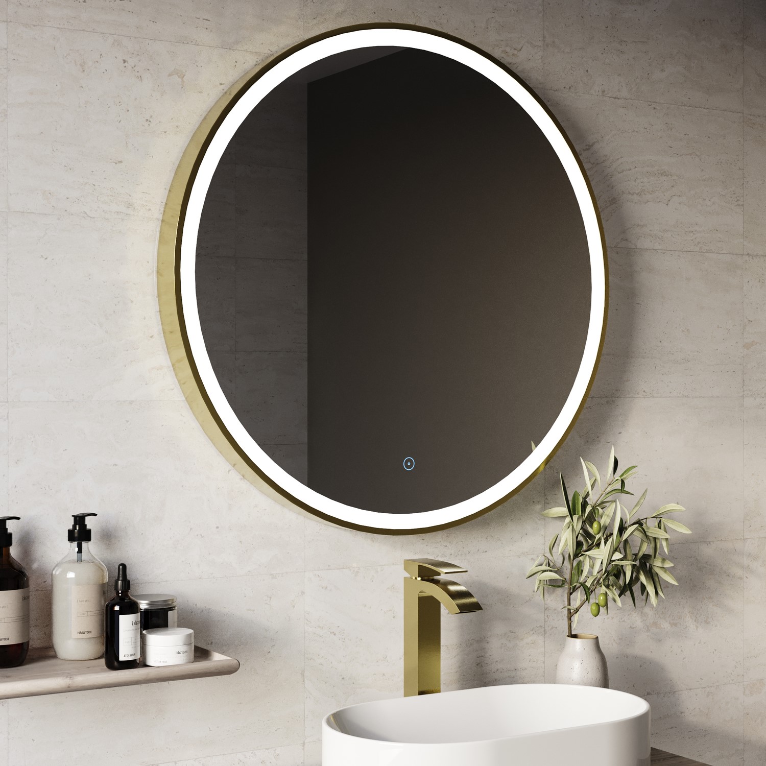 Round Brass LED Bathroom Mirror with Demister 800mm - Antares