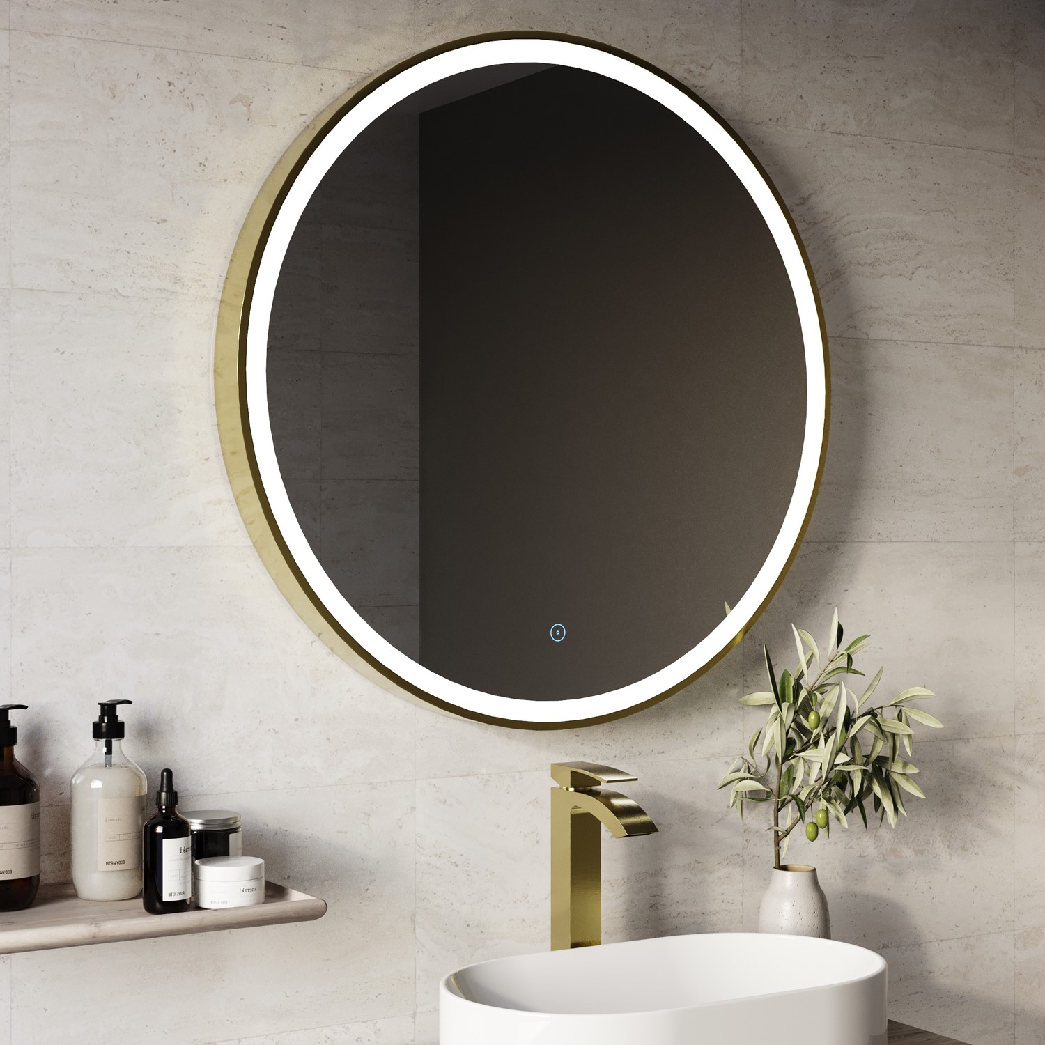 Round Brass LED Bathroom Mirror with Demister 800mm - Antares