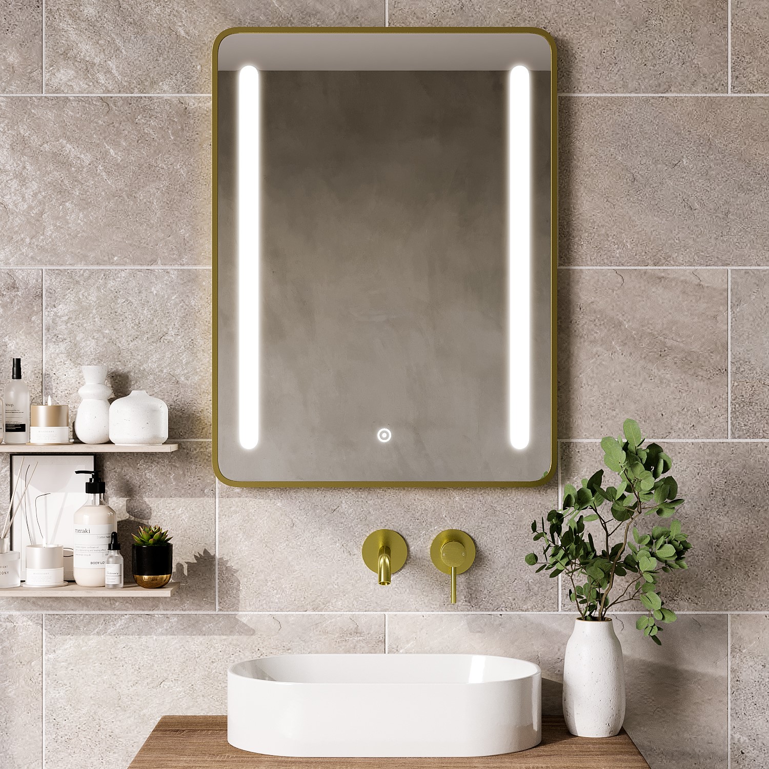 Rectangular Brass LED Bathroom Mirror with Demister 600 x 800mm - Lepus