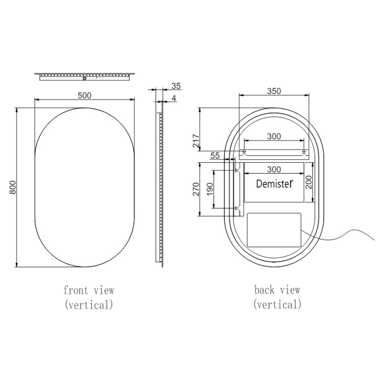 Oval Backlit Heated Bathroom Mirror with Lights 500 x 800mm - Irena