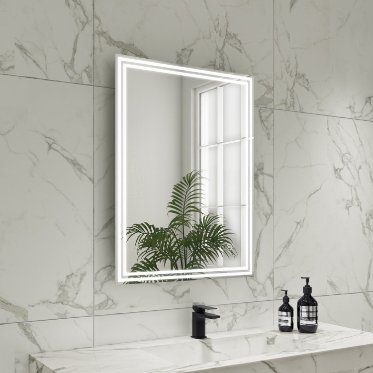 GRADE A1 - Rectangular Double Border LED Bathroom Mirror with Demister 600x800mm -Antila  