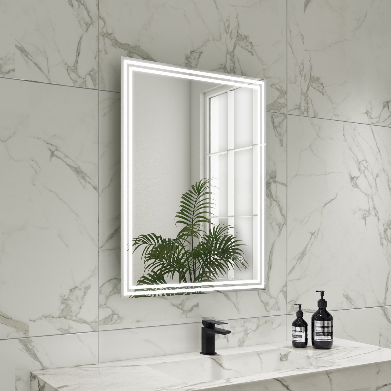 Rectangular Double Border LED Bathroom Mirror with Demister 600x800mm -Antila