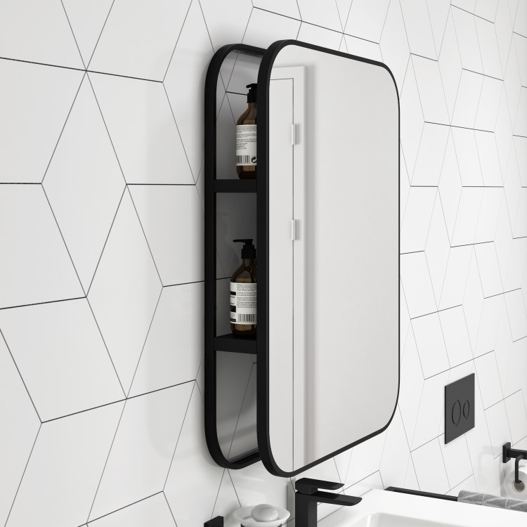 Rectangular Black Industrial Bathroom Mirror with Shelf 600x800mm -Lyra