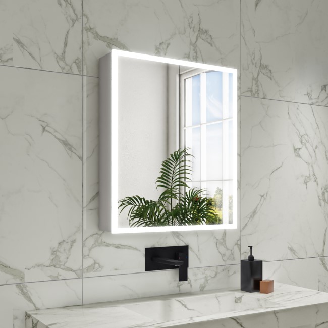 Double Door Chrome Mirrored Bathroom Cabinet with Lights Bluetooth & Demister 600 x 700mm - Ursa