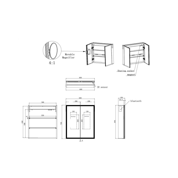 Double Door Chrome Mirrored Bathroom Cabinet with Lights, Bluetooth Speaker & Demister 600 x 700mm - Ursa