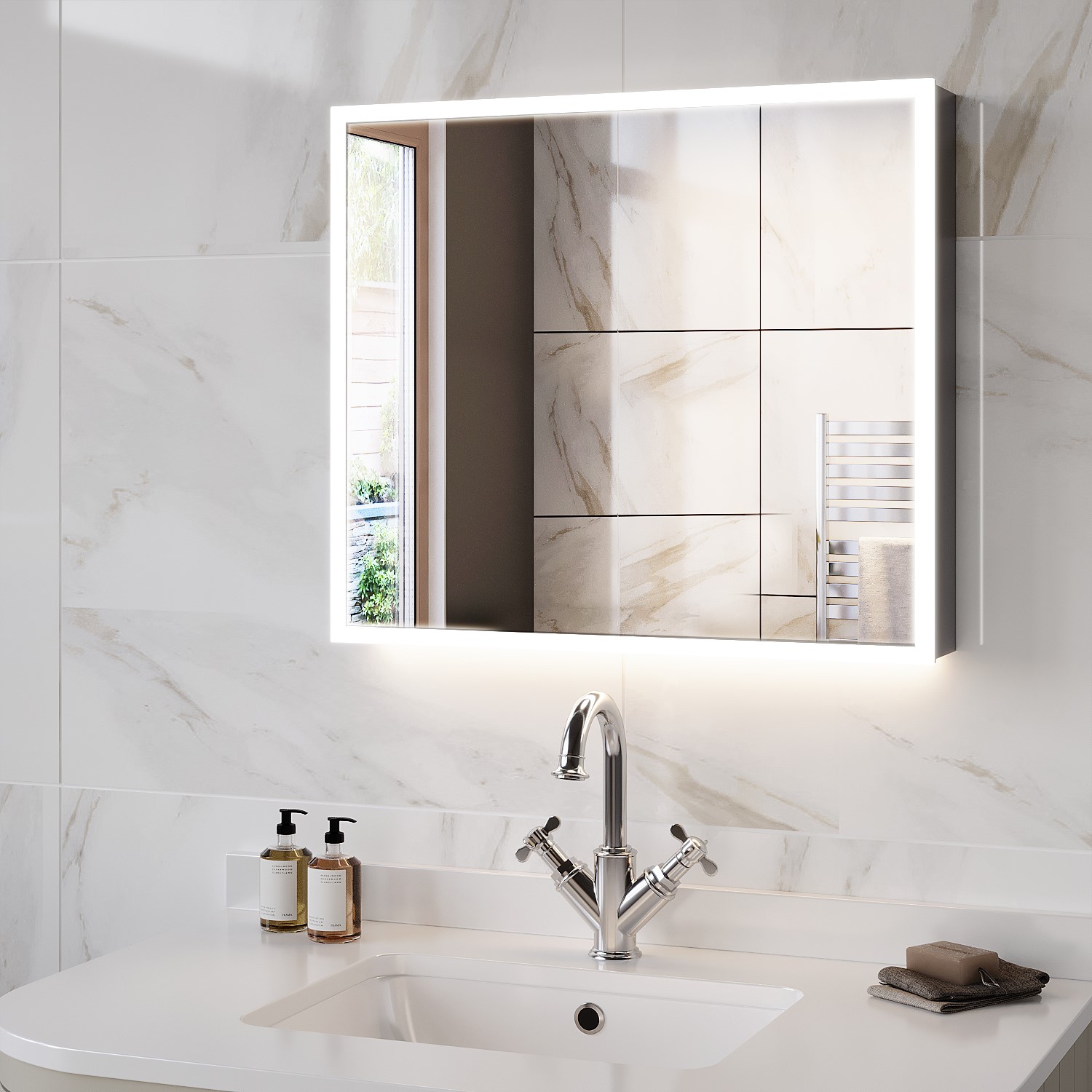 Ursa Double Door Chrome Bathroom Mirror Cabinet With Lights Bluetooth Speaker & Demister 800 X 700Mm CS1A1-S0820-2