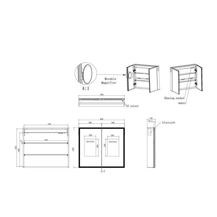 Double Door Chrome Mirrored Bathroom Cabinet with Lights, Bluetooth Speaker & Demister 800 x 700mm - Ursa