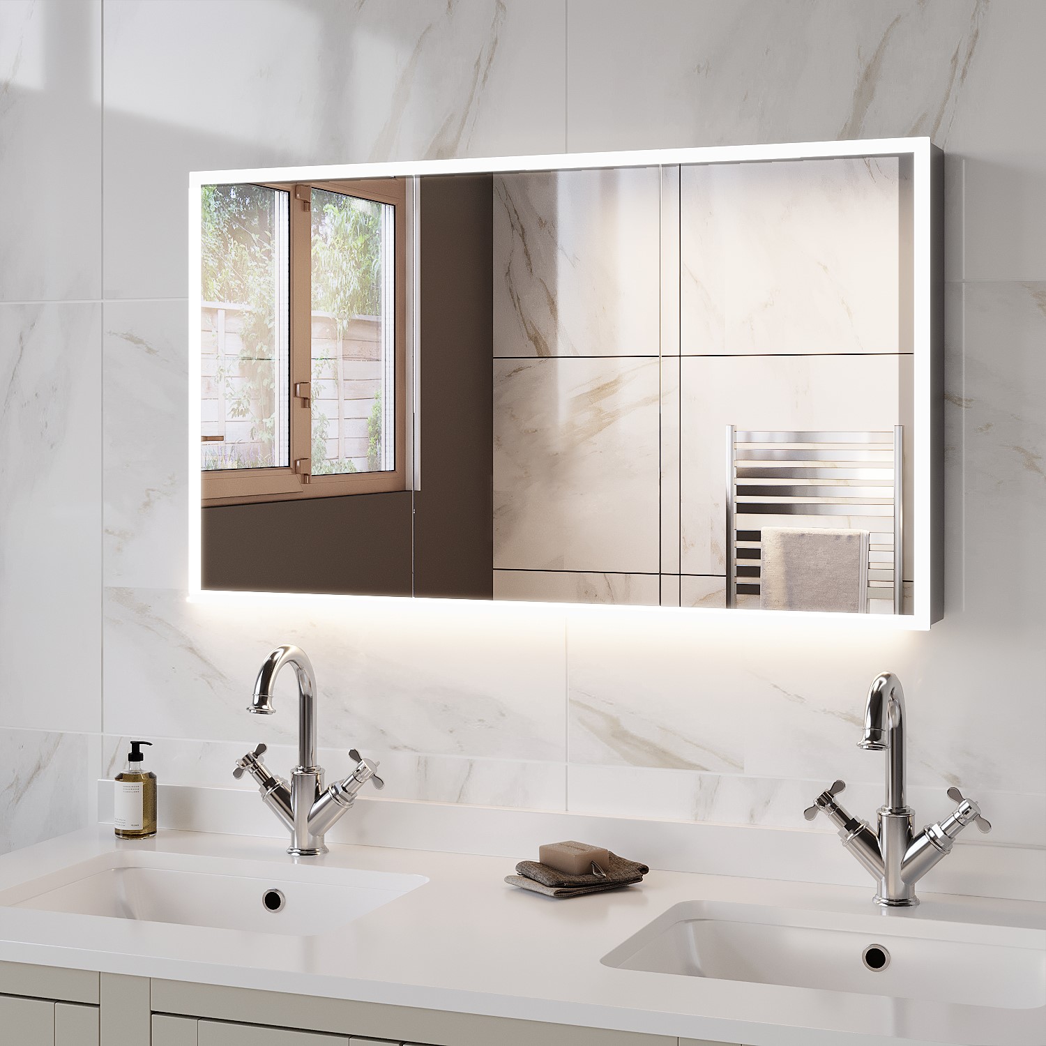 Triple Door Chrome Bathroom Mirror Cabinet with Lights Bluetooth Speaker & Demister 1200 x 700mm - Ursa