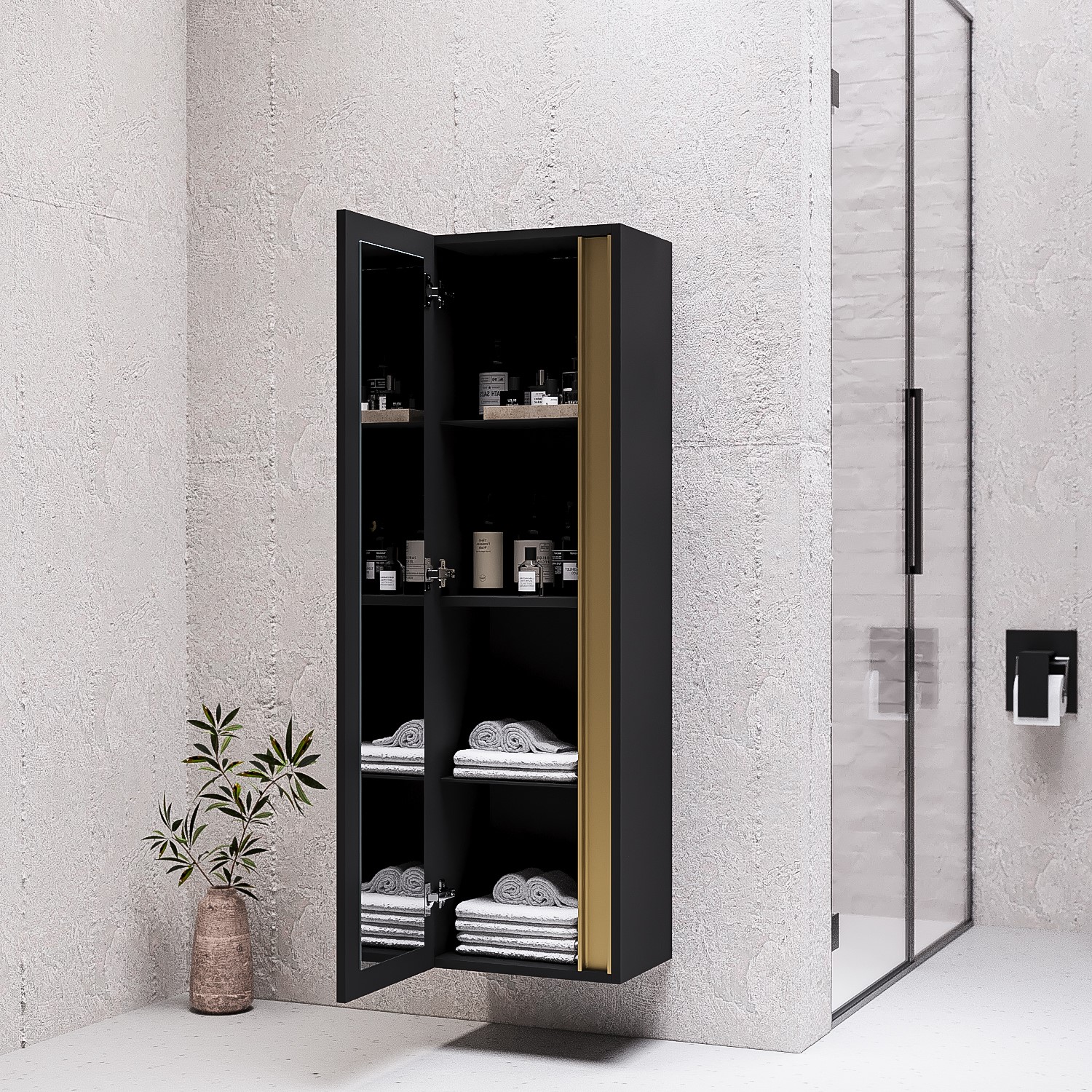 Black Wall Mounted Tall Bathroom Cabinet 400mm - Roxbi BeBa_27610 ...