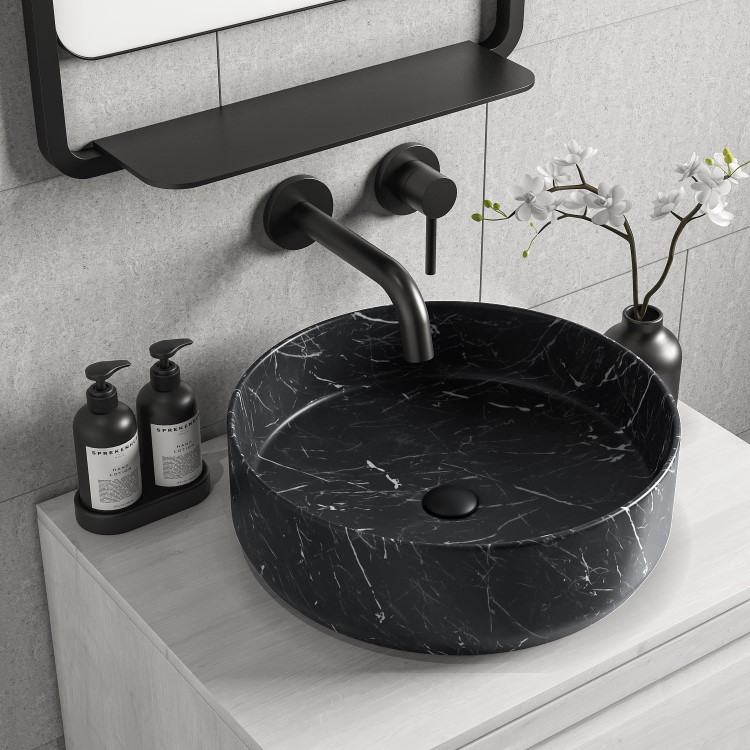 ONLY OPENED - Marble Effect Black Round Countertop Basin 390mm - Lorano