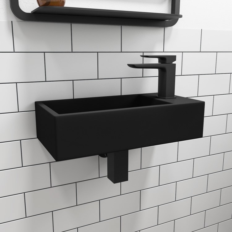 ONLY OPENED - Black Wall Hung Cloakroom Basin Right Hand 405mm - Detroit