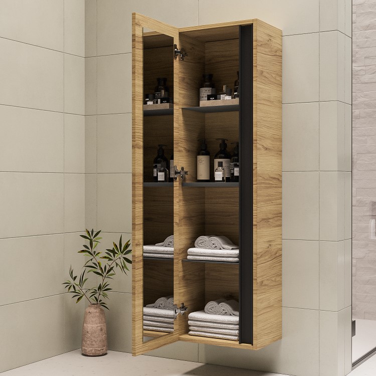 Single Door Wood Effect Wall Mounted Tall Bathroom Cabinet 400 x 1380mm - Roxbi