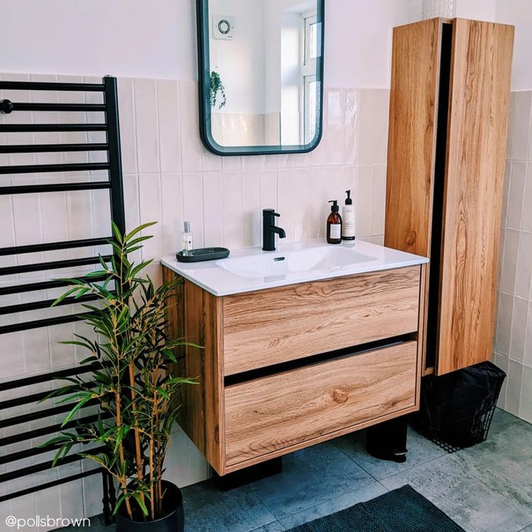 Single Door Wood Effect Wall Mounted Tall Bathroom Cabinet 400 x 1380mm - Roxbi